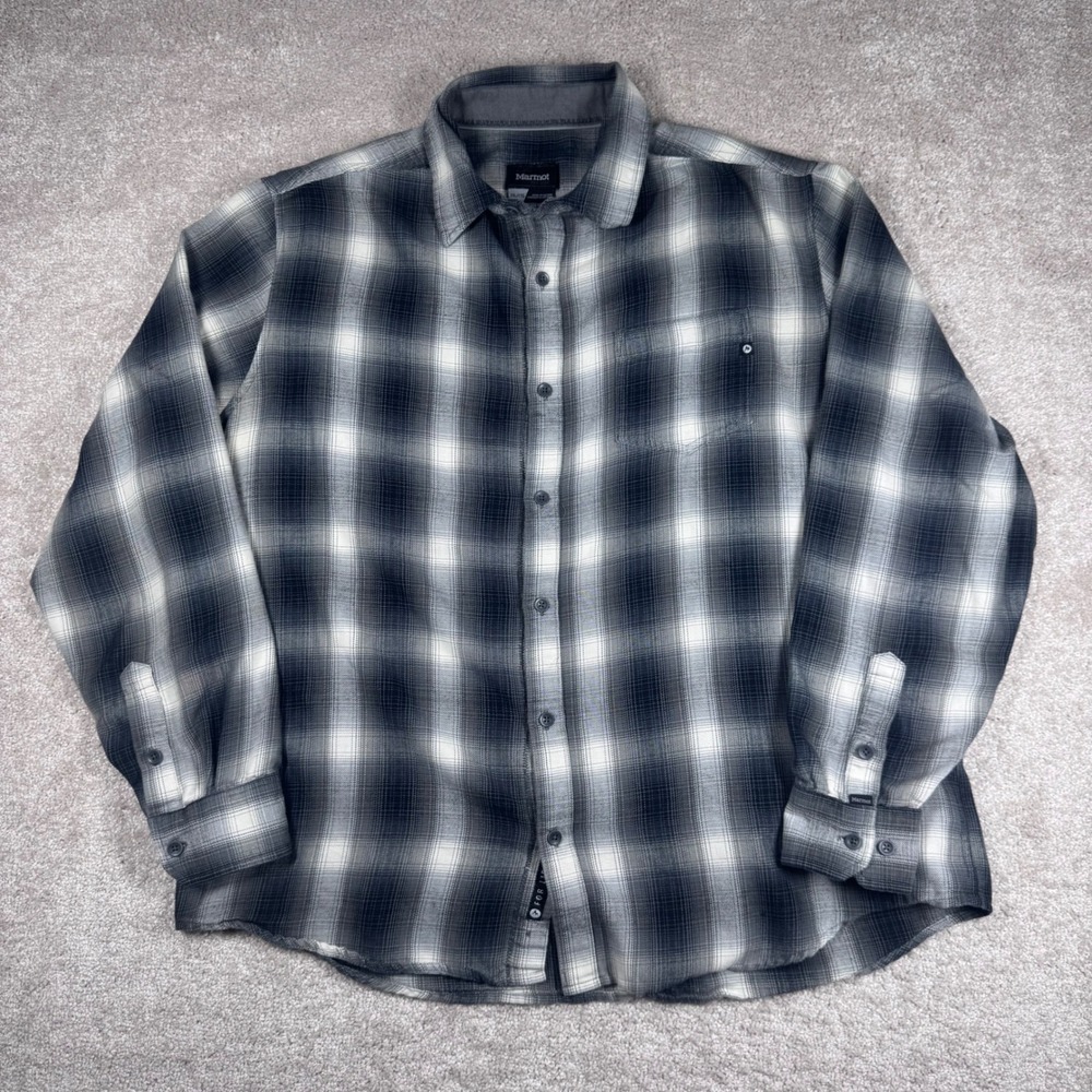 Marmot Mens XXL Plaid Button‎ Up Shirt Black Grey White Long Sleeve Cotton Blend